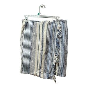 Halogen Mini Skirt Womens 6 Blue Cream Excellent Faux Wrap‎ Fringe Striped Tweed